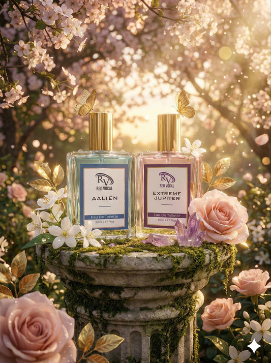 Two perfume bottles on a stone pedestal with flowers and butterflies in the background Red Vocal Aalien For Unisex & Extreme Jupiter Premium Perfume For Women Combo | Eau De Toilette | 2 x 50ml