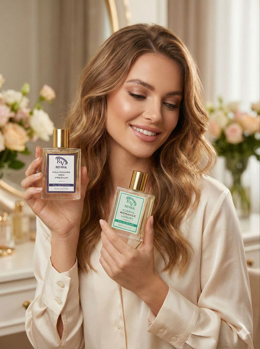 Woman holding two perfume bottles in a elegant interior setting Red Vocal Millionaire Men Premium & Floral Romance luxury Perfume Set For Women | Long-Lasting Premium Eau De Toilette | 2×100ml Gift Combo