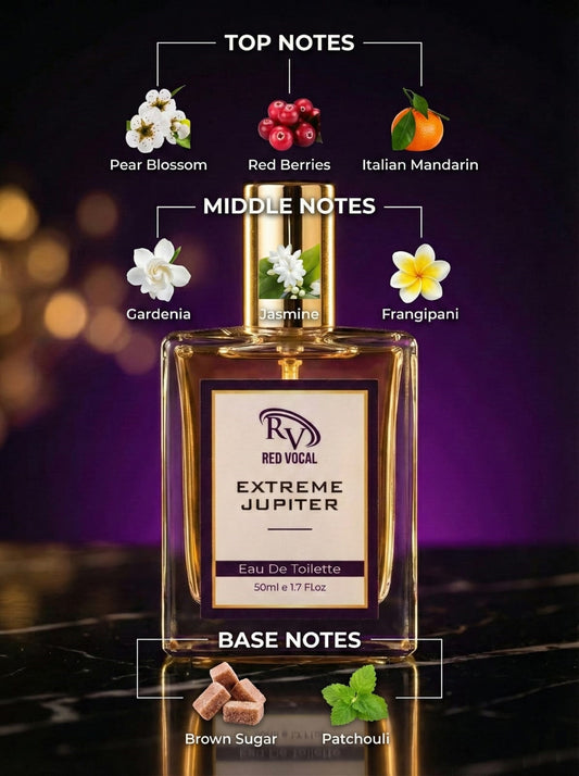 Perfume bottle labeled 'Extreme Jupiter' with notes displayed on a dark background Red Vocal White Oud Saffron For Unisex & Extreme Jupiter Premium Perfume Set For Women | Long-Lasting Eau De Toilette | 2 x 50ml