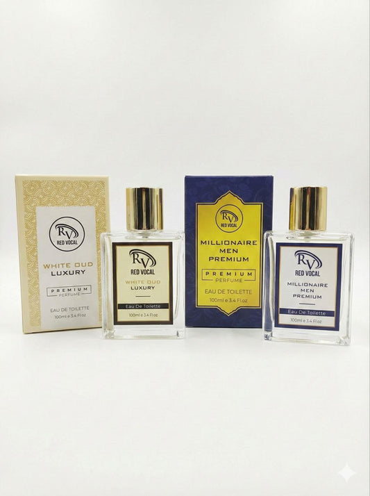 Collection of Red Vanilla men's perfume bottles and packaging on a white background WhiteOudandMillionaireMenPremium_1