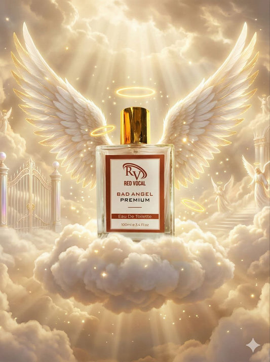 Perfume bottle labeled 'Bad Angel Premium' with angel wings and halo on a cloud background Red Vocal Bad Angel Premium Perfume Eau De Toilette for Women – 100ml Sweet, Sensual & Long-Lasting Fragrance
