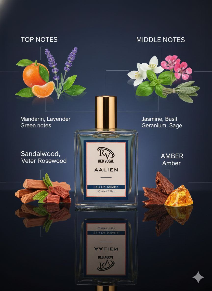 Perfume bottle with notes labeled on a dark backgroundRed Vocal Aalien Premium Perfume Eau De Toilette 50ml – Long Lasting Unisex with Woody Amber Notes Set of 2