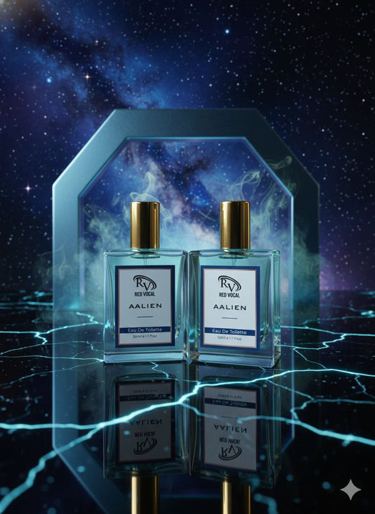 Two perfume bottles labeled 'Aalien' on a reflective surface with a cosmic background Red Vocal Aalien Premium Perfume Eau De Toilette 50ml – Long Lasting Unisex with Woody Amber Notes Set of 2