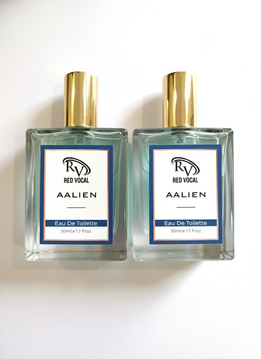 Two bottles of Red Vocal Aalien Eau De Toilette on a white background Red Vocal Aalien Premium Perfume Eau De Toilette 50ml – Long Lasting Unisex with Woody Amber Notes Set of 2