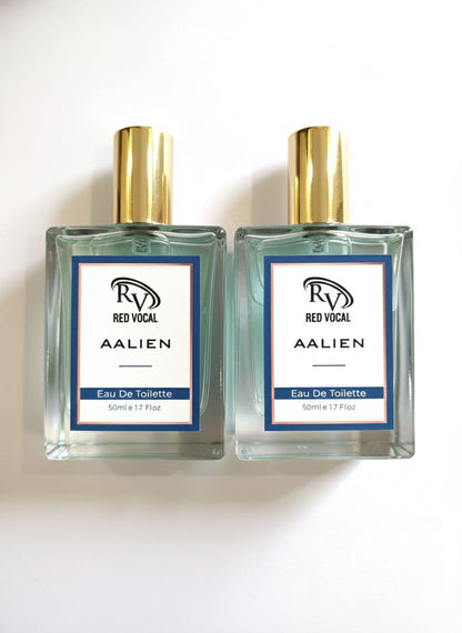 Two bottles of Red Vocal Aalien Eau De Toilette on a white background Red Vocal Aalien Premium Perfume Eau De Toilette 50ml – Long Lasting Unisex with Woody Amber Notes Set of 2