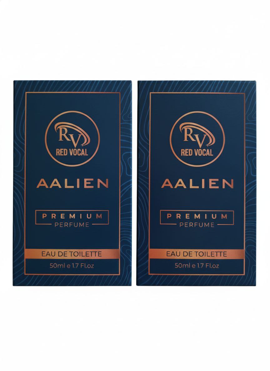 Two bottles of Red Vocal Aalien premium perfume on a white background Red Vocal Aalien Premium Perfume Eau De Toilette 50ml – Long Lasting Unisex with Woody Amber Notes Set of 2