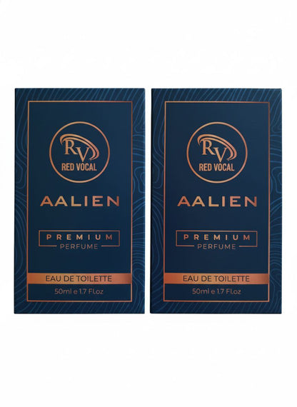 Two bottles of Red Vocal Aalien premium perfume on a white background Red Vocal Aalien Premium Perfume Eau De Toilette 50ml – Long Lasting Unisex with Woody Amber Notes Set of 2