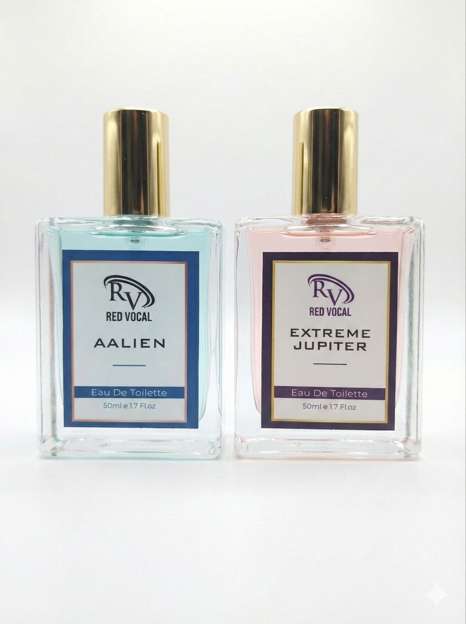 Two perfume bottles labeled 'Alien' and 'Extreme Jupiter' by Red Vocal on a white background. Red Vocal Aalien For Unisex & Extreme Jupiter Premium Perfume For Women Combo | Eau De Toilette | 2 x 50ml