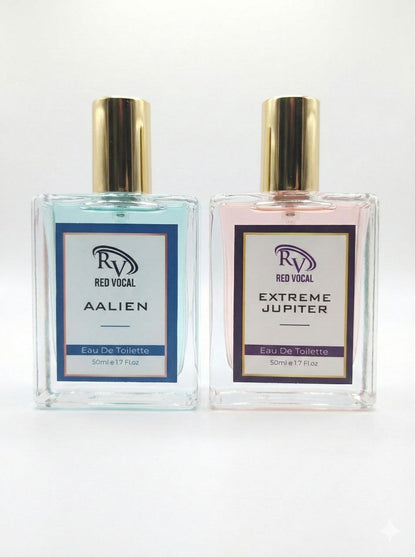 Two perfume bottles labeled 'Alien' and 'Extreme Jupiter' by Red Vocal on a white background. Red Vocal Aalien For Unisex & Extreme Jupiter Premium Perfume For Women Combo | Eau De Toilette | 2 x 50ml