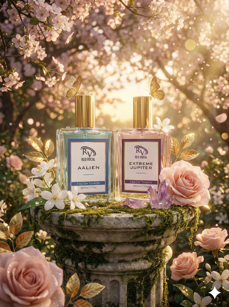 Two perfume bottles on a stone pedestal with flowers and butterflies in the background Red Vocal Aalien For Unisex & Extreme Jupiter Premium Perfume For Women Combo | Eau De Toilette | 2 x 50ml