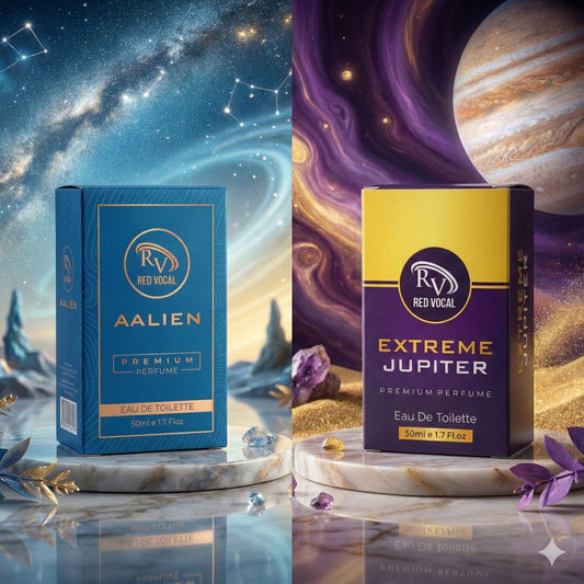 Two perfume boxes, 'Alien' and 'Extreme Jupiter', with space-themed backgrounds. Red Vocal Aalien For Unisex & Extreme Jupiter Premium Perfume For Women Combo | Eau De Toilette | 2 x 50ml