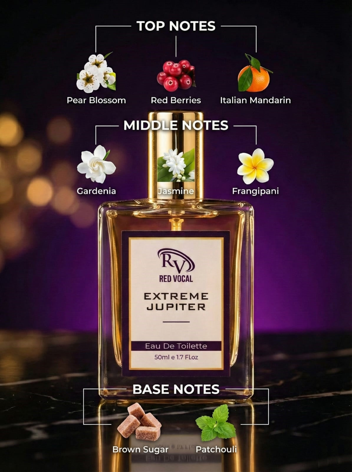 Perfume bottle labeled 'Extreme Jupiter' with notes displayed on a dark backgroundThree boxes of Red Vocal fragrances on a marble surface with decorative elements.