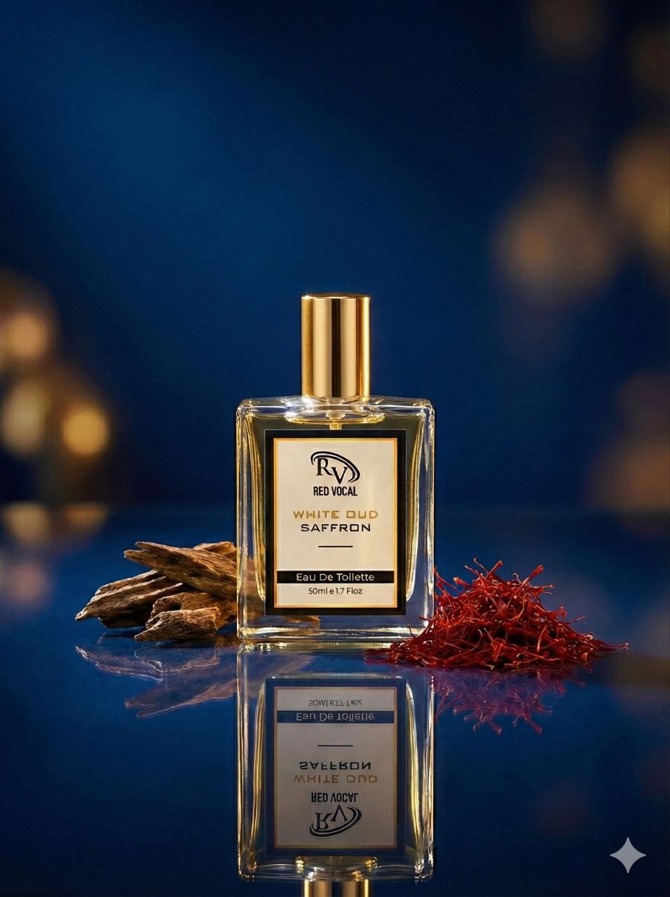 Perfume bottle labeled 'White Oud Saffron' with saffron strands on a reflective surface against a blue background Three boxes of Red Vocal fragrances on a marble surface with decorative elements.