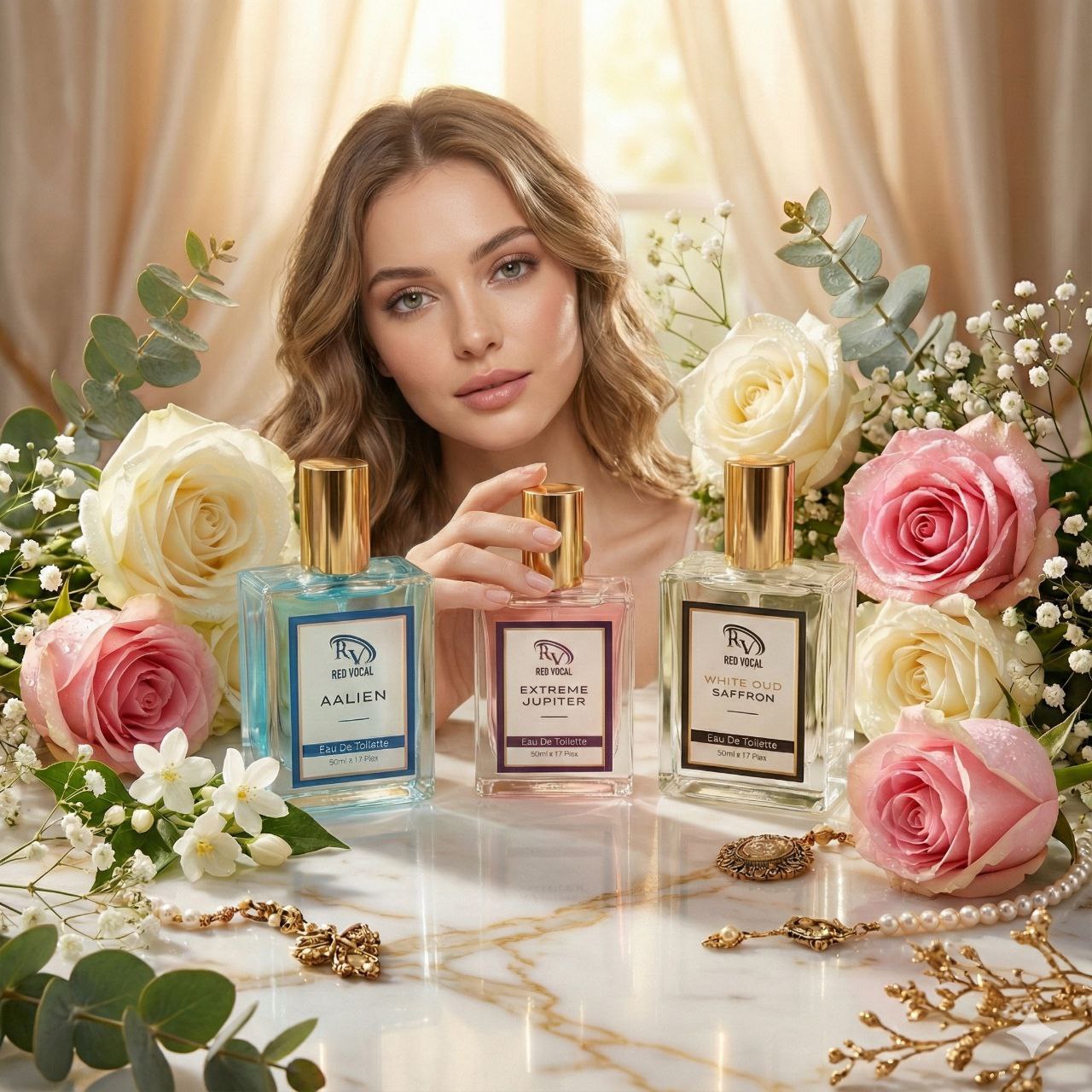 Woman holding a perfume bottle with floral and jewelry decorations on a marble surface. Three boxes of Red Vocal fragrances on a marble surface with decorative elements.