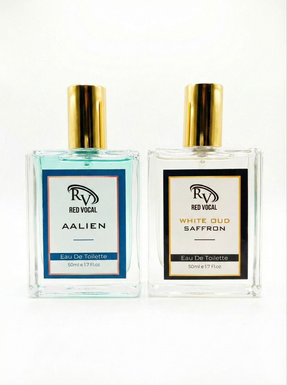 Two bottles of Red Vocal Eau De Toilette on a white background Red Vocal Aalien & White Oud Saffron Premium Perfume Set | Unisex Eau De Toilette | 2 x 50ml