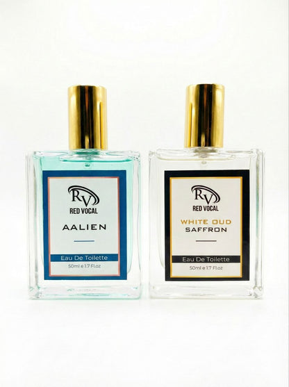 Two bottles of Red Vocal Eau De Toilette on a white background Red Vocal Aalien & White Oud Saffron Premium Perfume Set | Unisex Eau De Toilette | 2 x 50ml