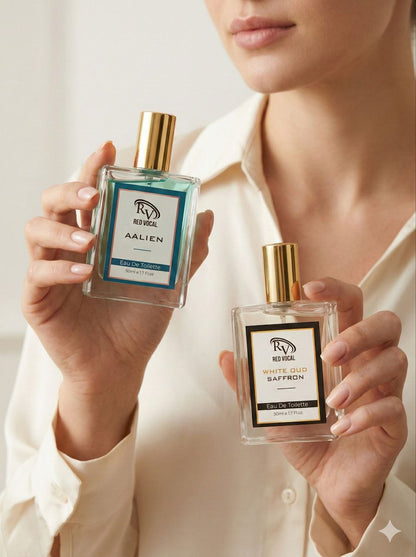 Person holding two Refuel perfume bottles labeled 'Alien' and 'Saffron' against a neutral background. Red Vocal Aalien & White Oud Saffron Premium Perfume Set | Unisex Eau De Toilette | 2 x 50ml