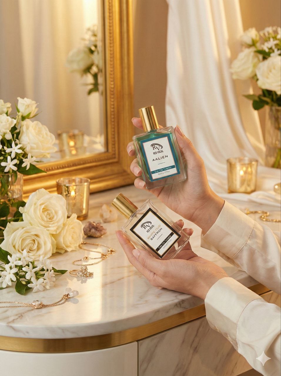 Person holding a perfume bottle with a decorative background featuring flowers and candles. Red Vocal Aalien & White Oud Saffron Premium Perfume Set | Unisex Eau De Toilette | 2 x 50ml