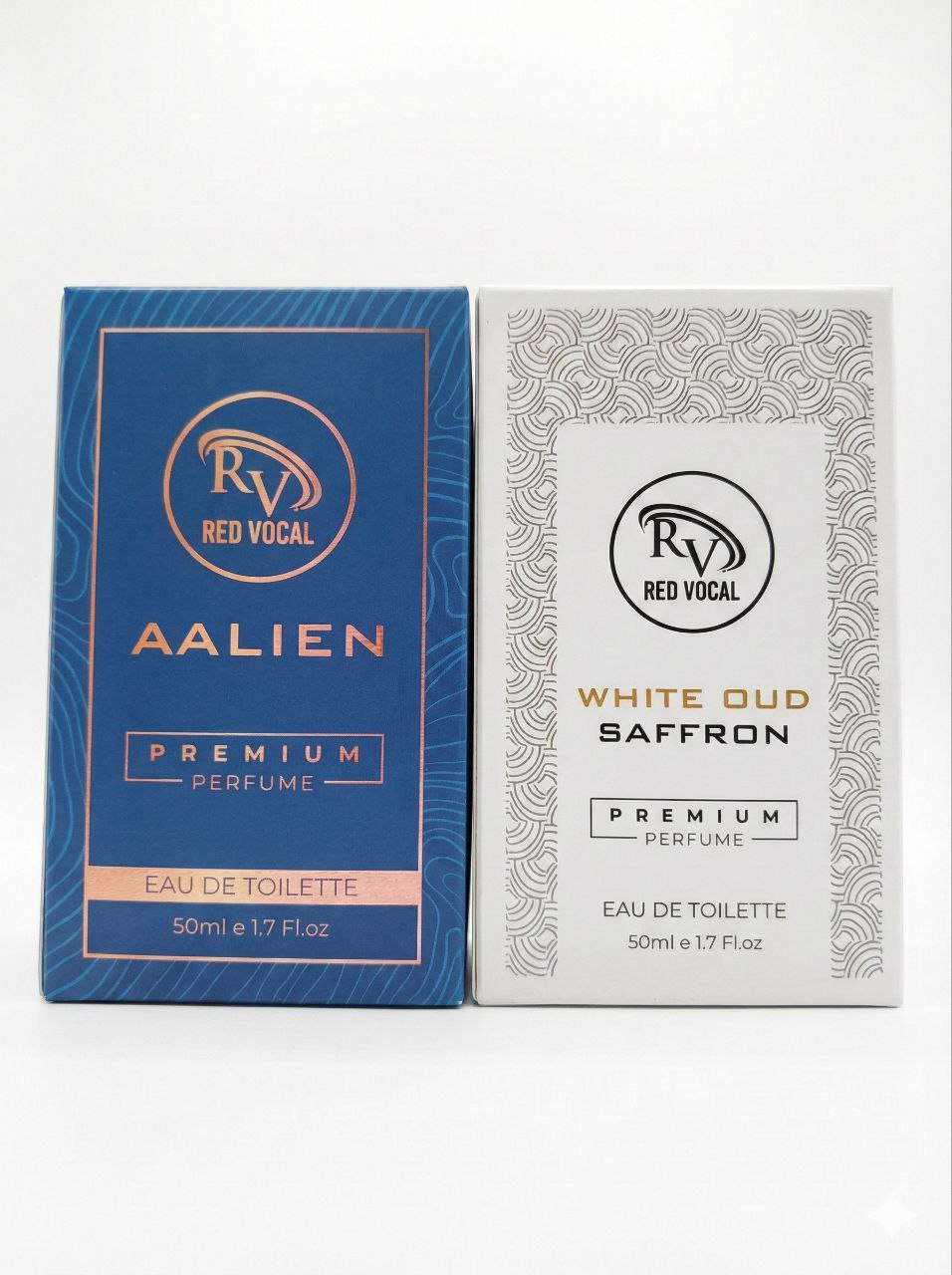 Two perfume boxes from Red Vocal on a white background Red Vocal Aalien & White Oud Saffron Premium Perfume Set | Unisex Eau De Toilette | 2 x 50ml