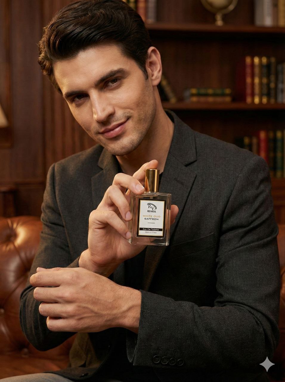 Man holding a perfume bottle in a room with bookshelves Red Vocal Aalien & White Oud Saffron Premium Perfume Set | Unisex Eau De Toilette | 2 x 50ml