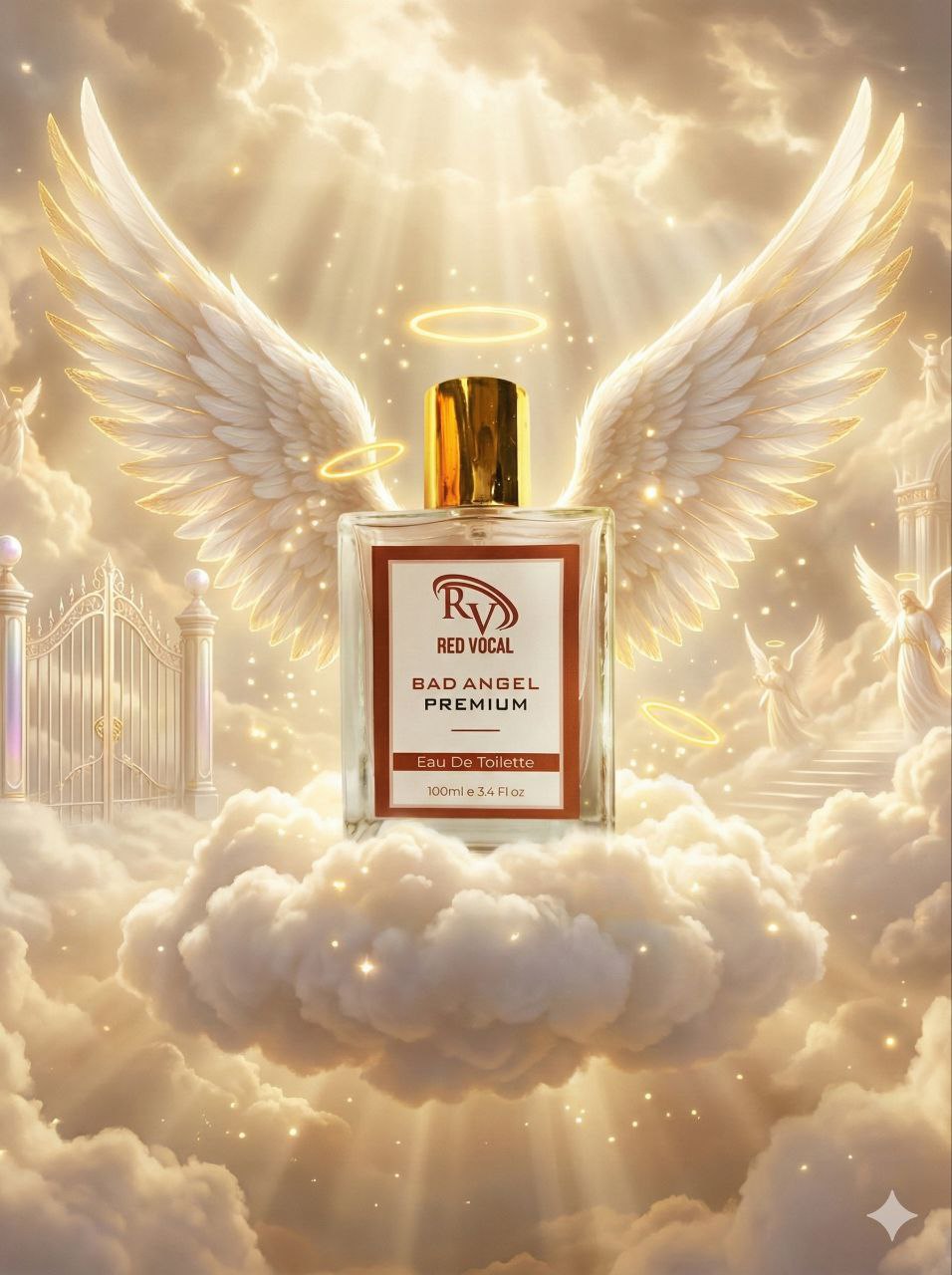 Perfume bottle labeled 'Bad Angel Premium' with angel wings and halo on a cloud background Red Vocal Bad Angel Premium Perfume Eau De Toilette for Women – 100ml Sweet, Sensual & Long-Lasting Set of 2 Fragrance