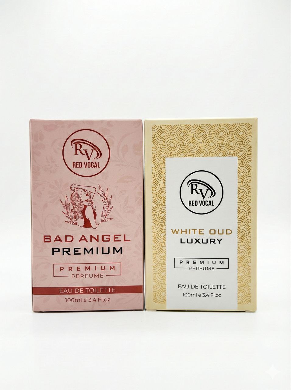 Two perfume boxes from Red Vocal on a white background Red Vocal Bad Angel For Women & White Oud Luxury Premium Perfume Set for Unisex | Long-Lasting Eau De Toilette | Women & Unisex | 2 × 100ml Combo