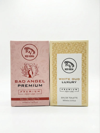 Two perfume boxes from Red Vocal on a white background Red Vocal Bad Angel For Women & White Oud Luxury Premium Perfume Set for Unisex | Long-Lasting Eau De Toilette | Women & Unisex | 2 × 100ml Combo