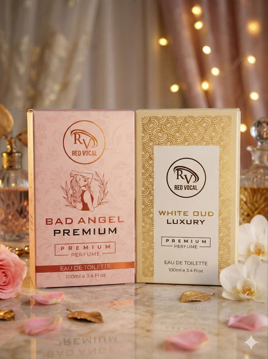 Two perfume boxes from Red Vocal with decorative patterns and text on a soft background. Red Vocal Bad Angel For Women & White Oud Luxury Premium Perfume Set for Unisex | Long-Lasting Eau De Toilette | Women & Unisex | 2 × 100ml Combo