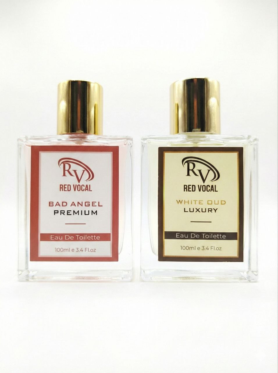Two bottles of Red Vocal perfume on a white background Red Vocal Bad Angel For Women & White Oud Luxury Premium Perfume Set for Unisex | Long-Lasting Eau De Toilette | Women & Unisex | 2 × 100ml Combo