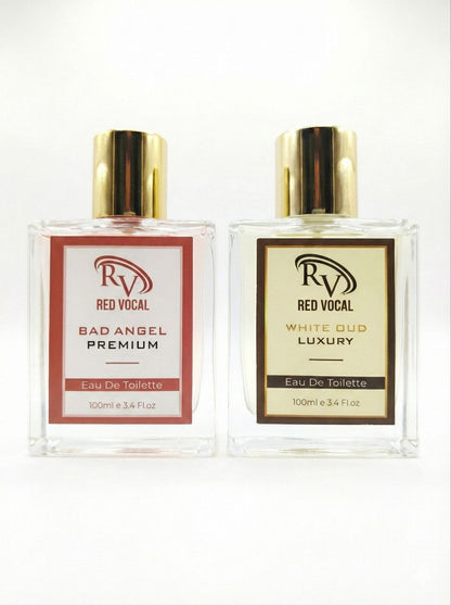 Two bottles of Red Vocal perfume on a white background Red Vocal Bad Angel For Women & White Oud Luxury Premium Perfume Set for Unisex | Long-Lasting Eau De Toilette | Women & Unisex | 2 × 100ml Combo