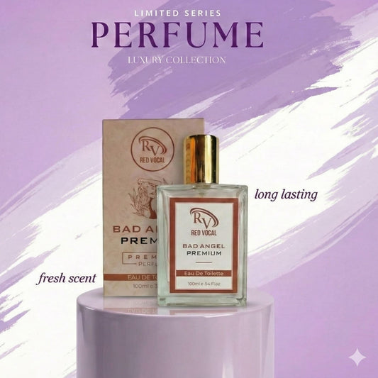 Perfume bottle and packaging with 'Red Vocal' branding on a purple background Red Vocal Bad Angel Premium Perfume Eau De Toilette for Women – 100ml Sweet, Sensual & Long-Lasting Fragrance