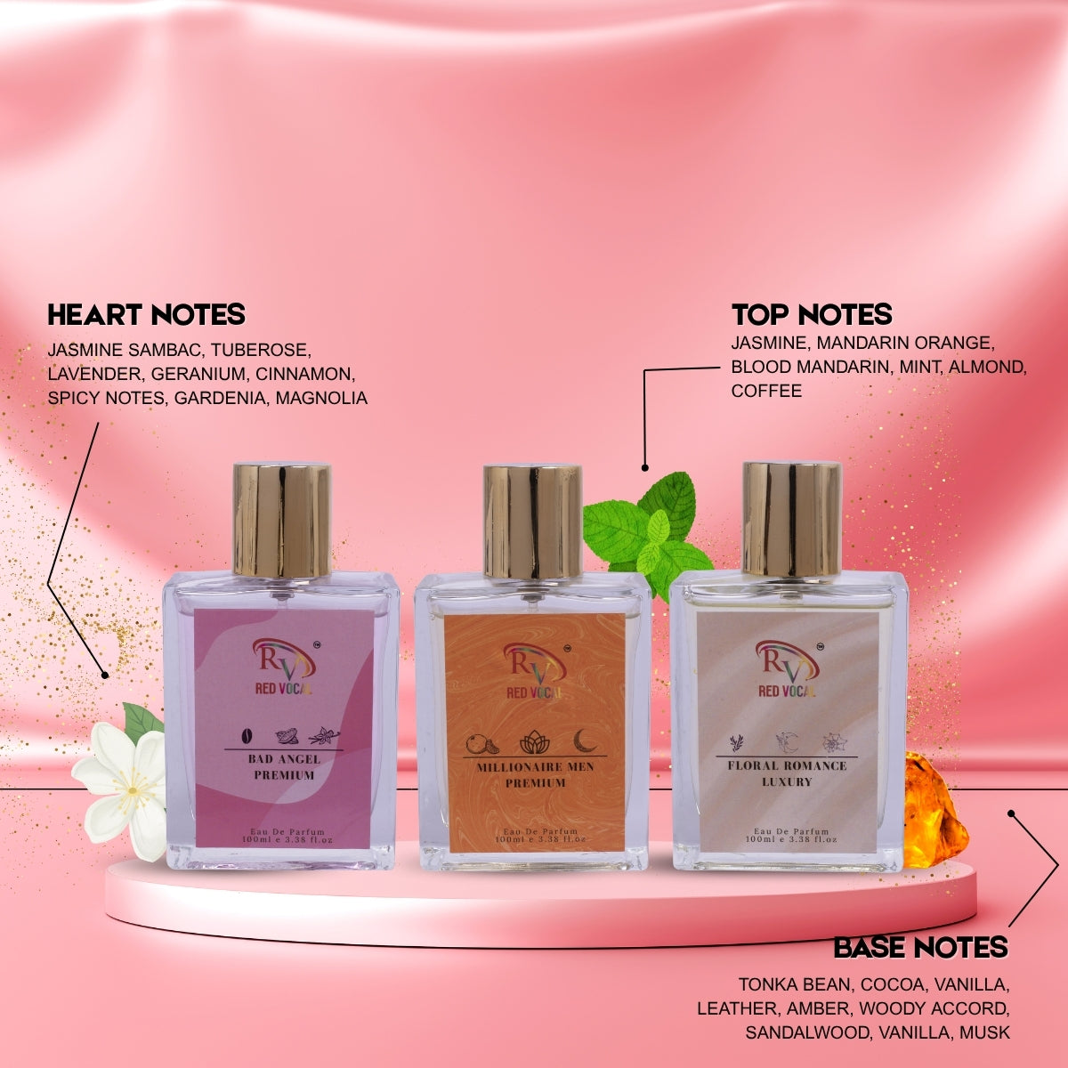 Red Vocal Bad Angel Premium (Women), Millionaire Men Premium (Men), Floral Romance Luxury (Women) Eau de Parfum Combo – 3x100ml