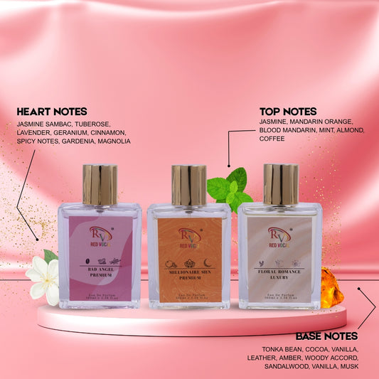 Red Vocal Bad Angel Premium (Women), Millionaire Men Premium (Men), Floral Romance Luxury (Women) Eau de Parfum Combo – 3x100ml