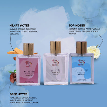 Red Vocal Bad Angel Premium (Women), White Oud Luxury (Unisex), Wild Rock Premium (Men) Eau de Parfum Combo – 3 x 100ml | Elegant & Bold Women’s Fragrance Set