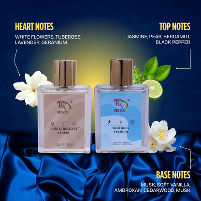 Red Vocal Floral Romance Luxury (Women) with Wild Rock Premium (Men) Eau de Parfum Combo – 2 x 100ml