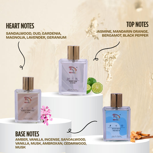 Red Vocal White Oud Luxury (Unisex), Floral Romance Luxury (Women) Wild Rock Premium (Men) Eau de Parfum Combo – 3 x 100ml | Premium Unisex Fragrance Set
