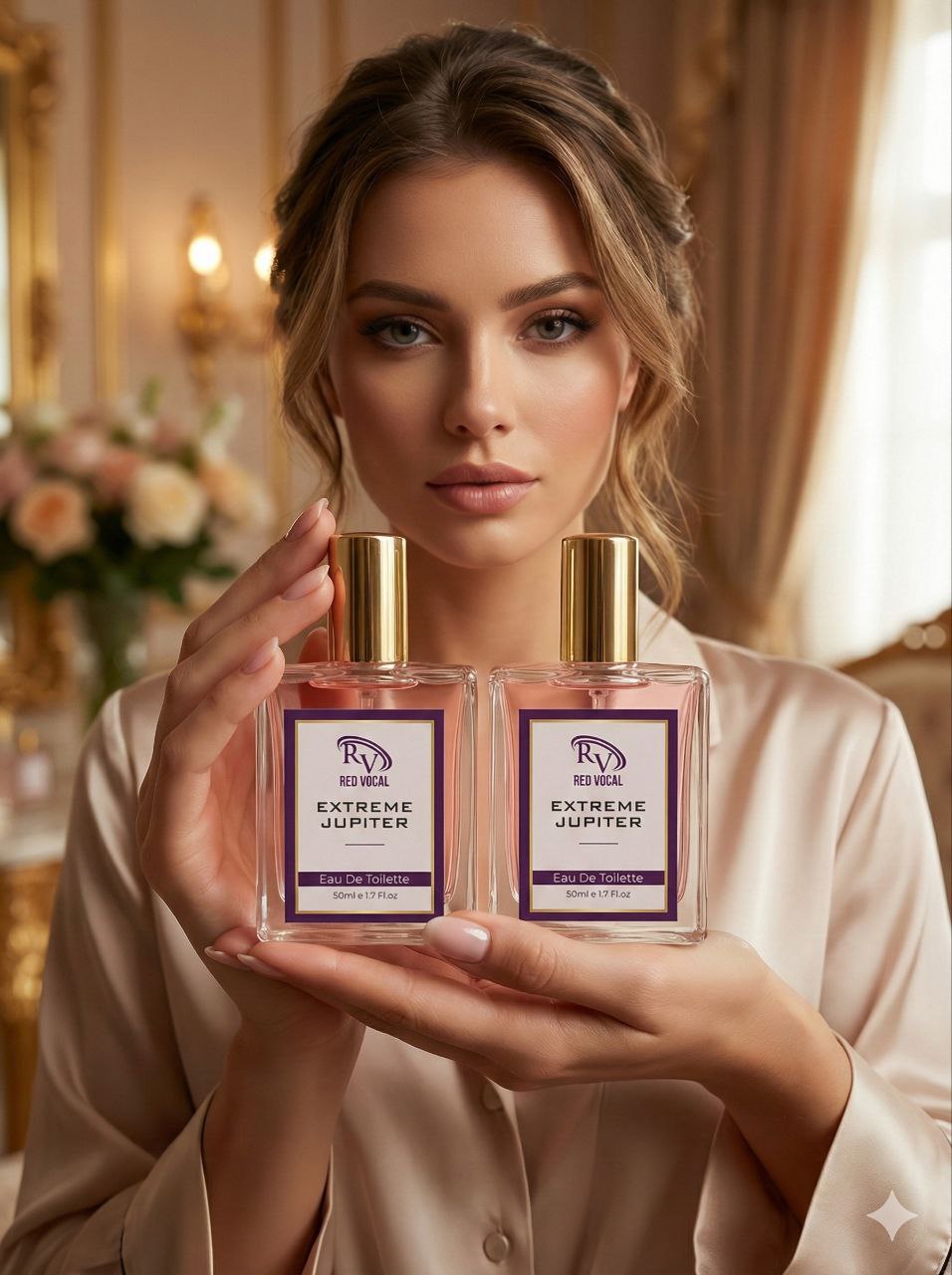 Woman holding two 'Extreme Jupiter' perfume bottles in a luxurious setting Red Vocal Extreme Jupiter Premium Perfume Eau De Toilette 50ml – Long Lasting Women's Fragrance Set of 2