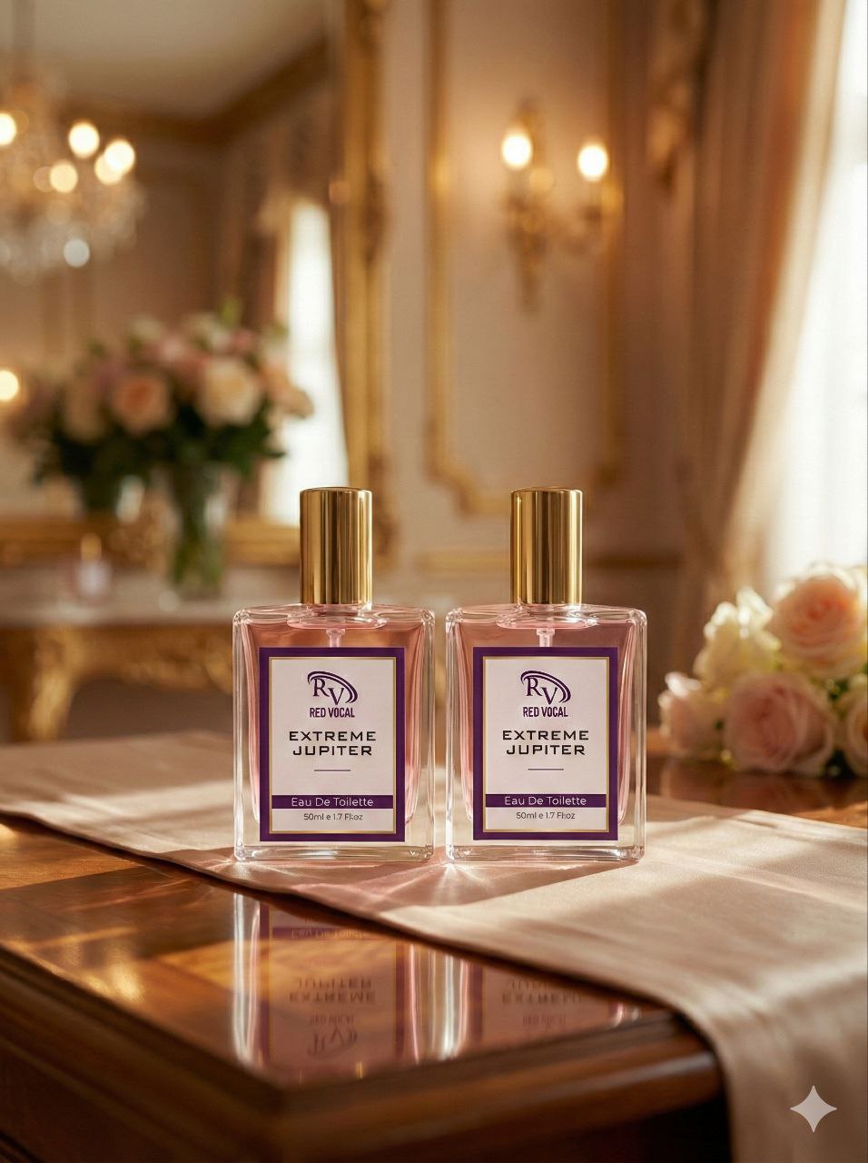Two bottles of Extreme Jupiter perfume on a reflective surface with a decorative interior background.Red Vocal Extreme Jupiter Premium Perfume Eau De Toilette 50ml – Long Lasting Women's Fragrance Set of 2
