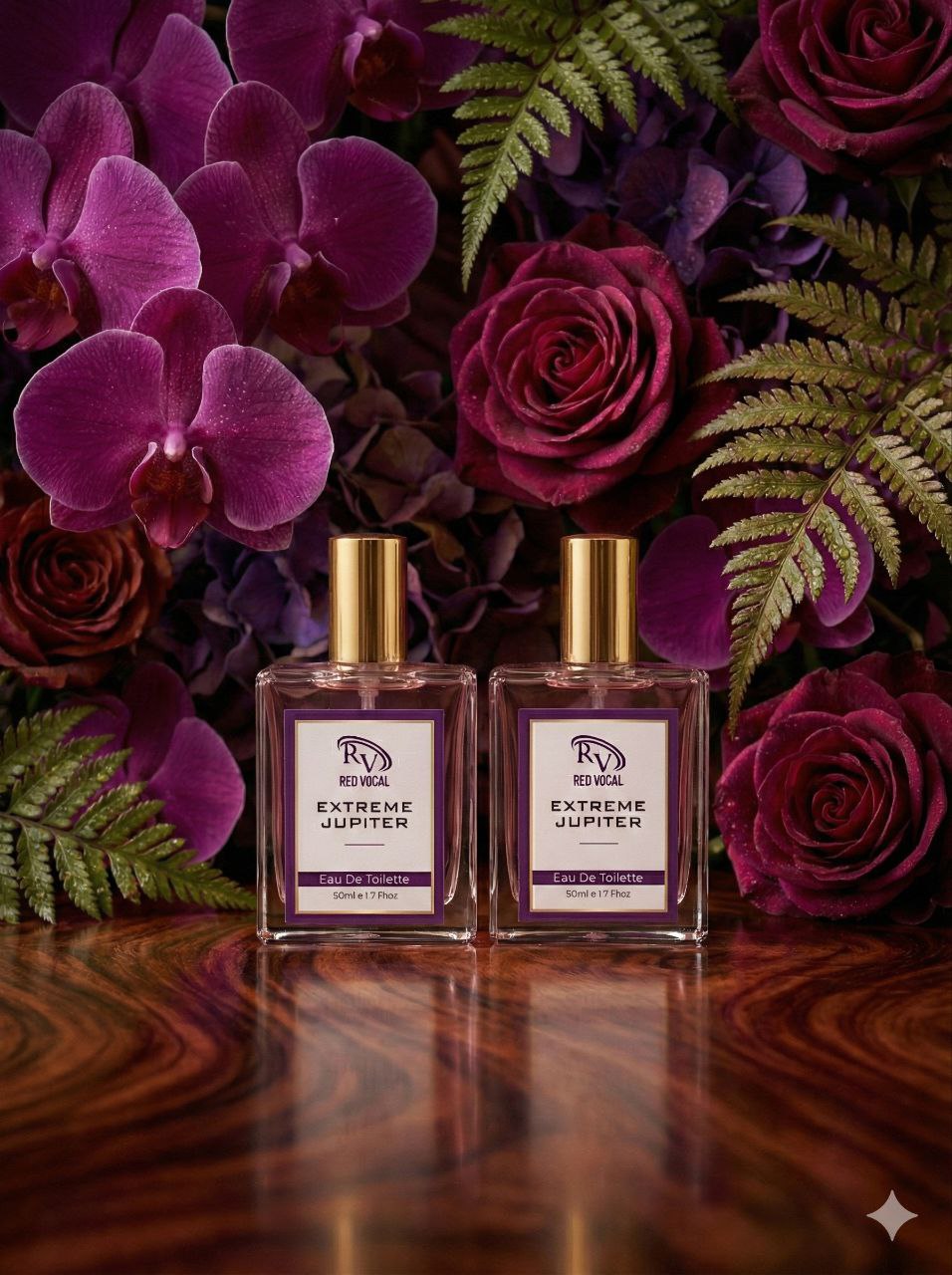 Two bottles of Extreme Jupiter perfume surrounded by purple flowers and green leaves on a wooden surface.Red Vocal Extreme Jupiter Premium Perfume Eau De Toilette 50ml – Long Lasting Women's Fragrance Set of 2