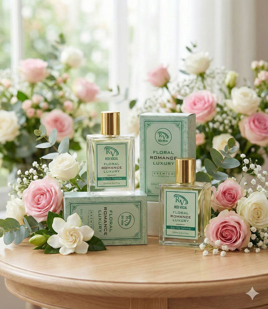 Two bottles and two boxes of 'Floral Romance Luxury' perfume on a wooden table with flowers in the background. Red Vocal Floral Romance Luxury Premium Perfume Eau De Toilette – Women’s 100ml Elegant & Long-Lasting Set of 2 Fragrance