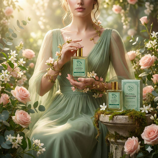Woman in a garden holding a perfume bottle with flowers and greenery around her. Red Vocal Floral Romance Luxury Premium Perfume Eau De Toilette – Women’s 100ml Elegant & Long-Lasting Set of 2 Fragrance