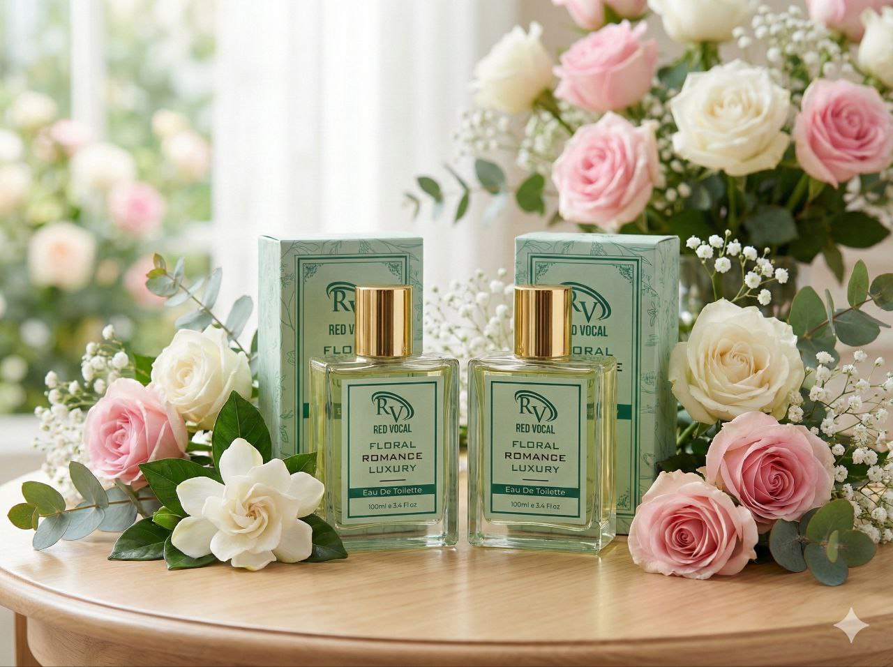 Two perfume bottles with green labels on a table surrounded by flowers Red Vocal Floral Romance Luxury Premium Perfume Eau De Toilette – Women’s 100ml Elegant & Long-Lasting Set of 2 Fragrance