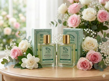 Two perfume bottles with green labels on a table surrounded by flowers Red Vocal Floral Romance Luxury Premium Perfume Eau De Toilette – Women’s 100ml Elegant & Long-Lasting Set of 2 Fragrance