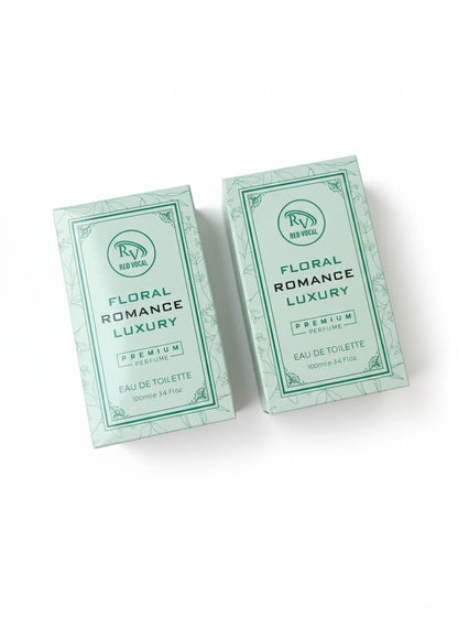 Two boxes of 'Floral Romance Luxury' perfume on a white background Red Vocal Floral Romance Luxury Premium Perfume Eau De Toilette – Women’s 100ml Elegant & Long-Lasting Set of 2 Fragrance