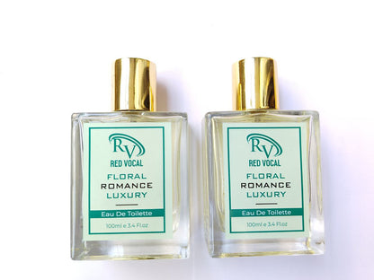 Two bottles of Red Vocal Floral Romance Luxury perfume on a white background Red Vocal Floral Romance Luxury Premium Perfume Eau De Toilette – Women’s 100ml Elegant & Long-Lasting Set of 2 Fragrance