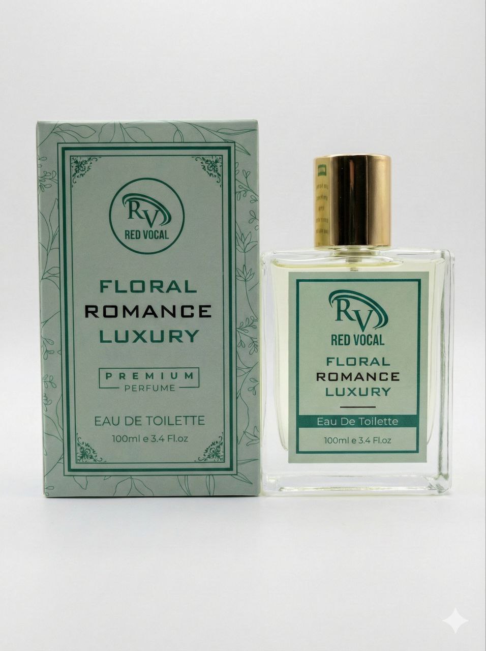 Perfume bottle and packaging of 'Floral Romance Luxury' by Red Vocal on a white background Red Vocal Floral Romance Luxury Premium Perfume Eau De Toilette – Women’s 100ml Elegant & Long-Lasting Fragrance