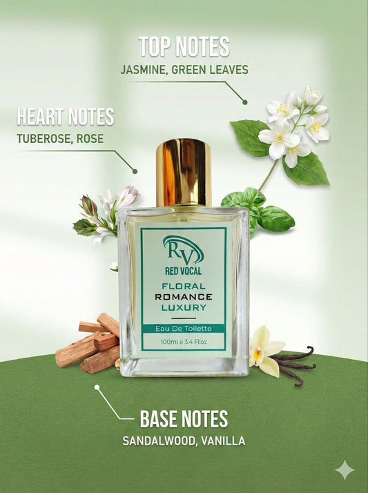 Perfume bottle labeled 'Red Vocal' with floral elements on a green background Red Vocal Floral Romance Luxury Premium Perfume Eau De Toilette – Women’s 100ml Elegant & Long-Lasting Fragrance