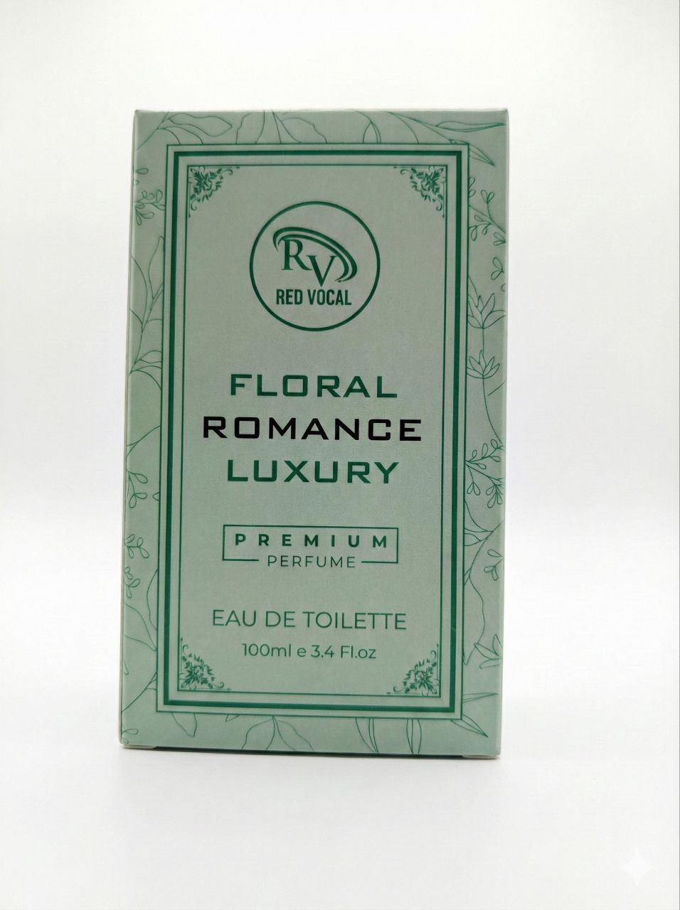 Green perfume box labeled 'Floral Romance Luxury' by Red Vocal on a white background Red Vocal Floral Romance Luxury Premium Perfume Eau De Toilette – Women’s 100ml Elegant & Long-Lasting Fragrance