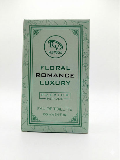 Green perfume box labeled 'Floral Romance Luxury' by Red Vocal on a white background Red Vocal Floral Romance Luxury Premium Perfume Eau De Toilette – Women’s 100ml Elegant & Long-Lasting Fragrance