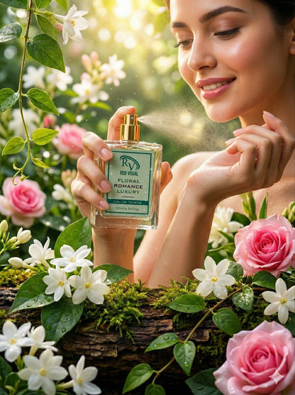 Woman holding a perfume bottle surrounded by flowers and greenery Red Vocal Floral Romance Luxury Premium Perfume Eau De Toilette – Women’s 100ml Elegant & Long-Lasting Fragrance